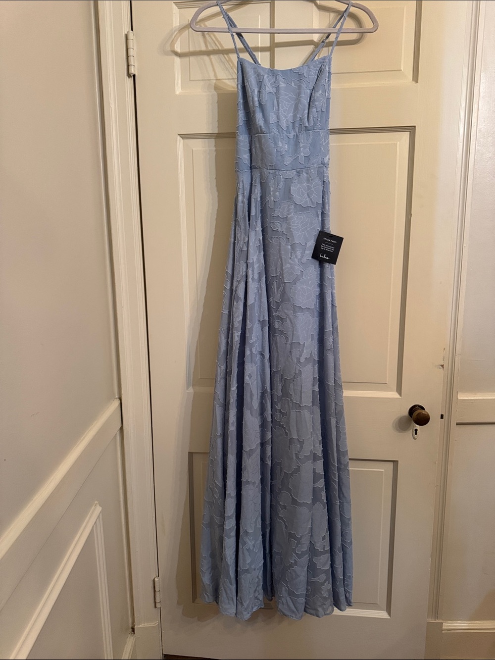 Lulu's Light Blue Lace Maxi Dress with Spaghetti Straps